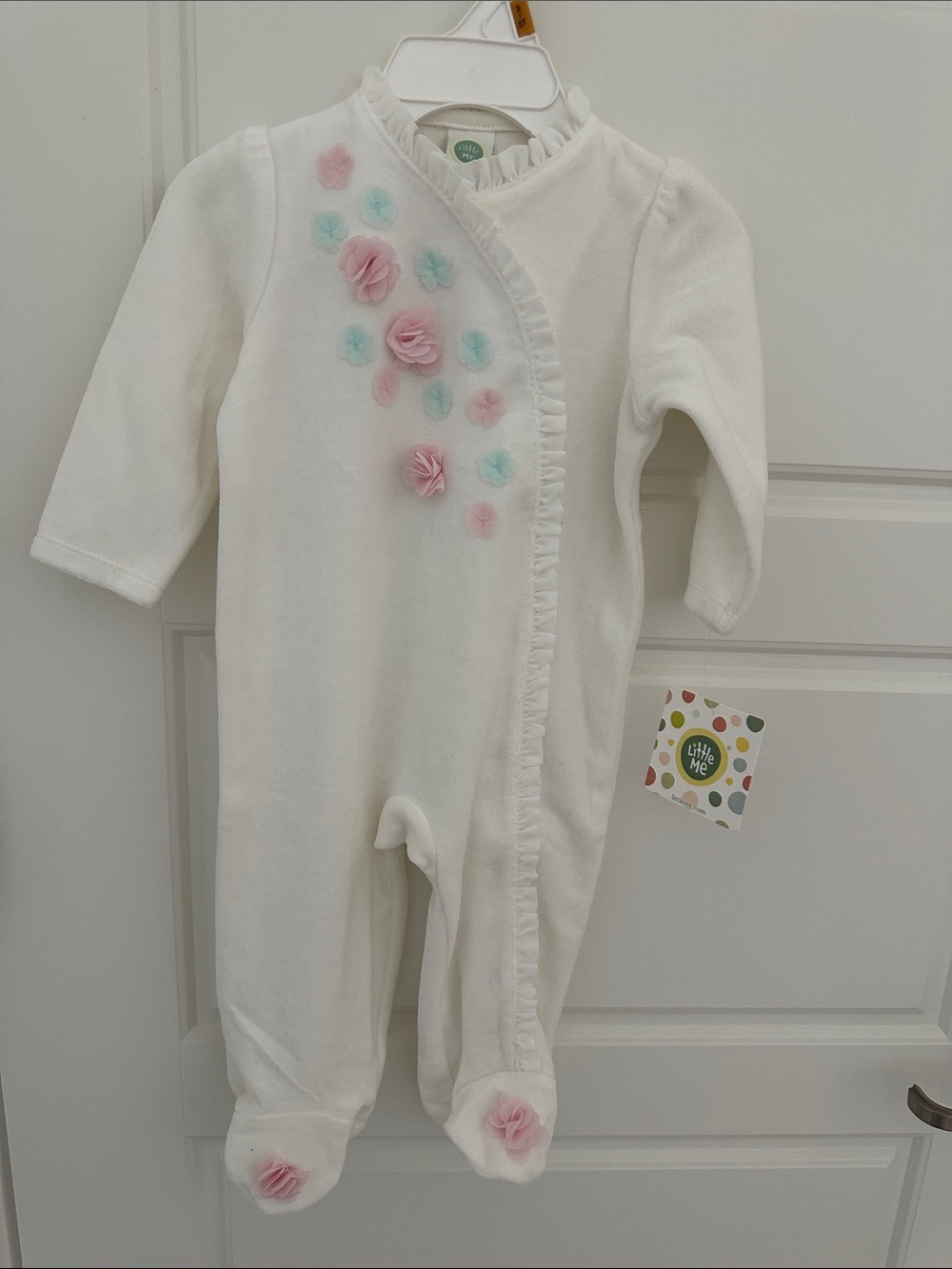 Little Me White One-Piece with Pink and Mint Floral Appliqués